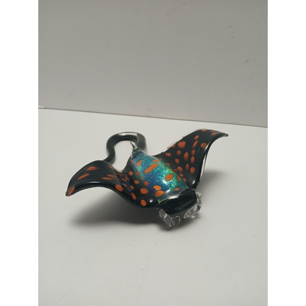 ​Hand Blown Glass‎ Stingray Sculpture Figurine Dichroic Black & Orange Art 6"